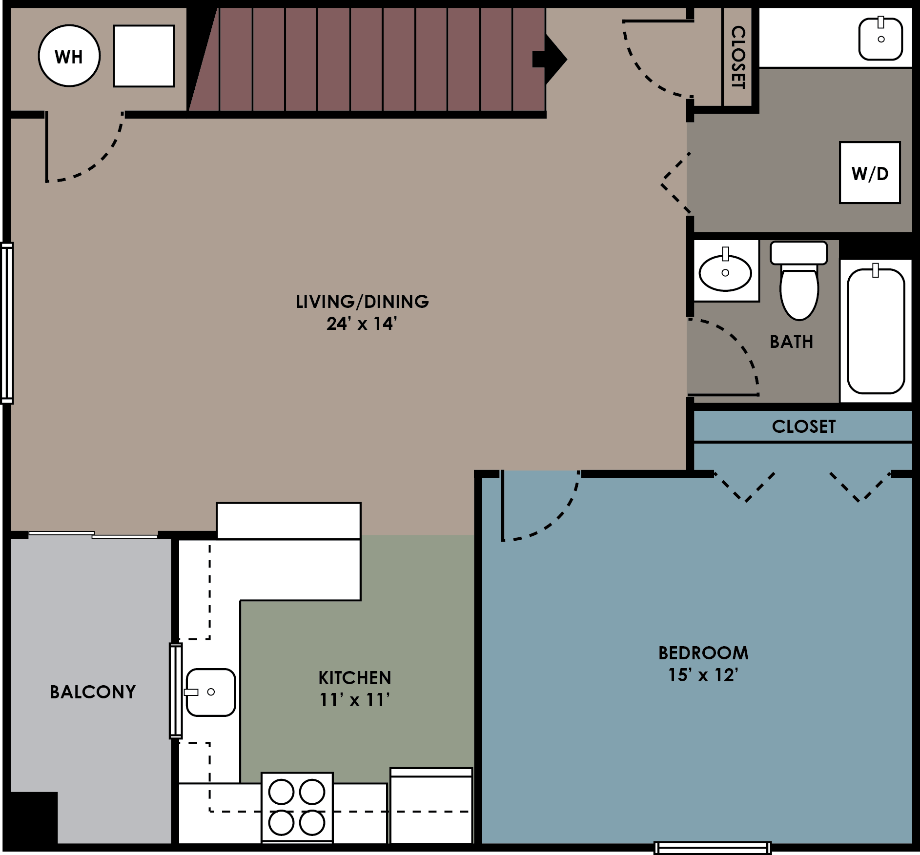 Floor plan for 1 bed, 1 bath, 857 sqft